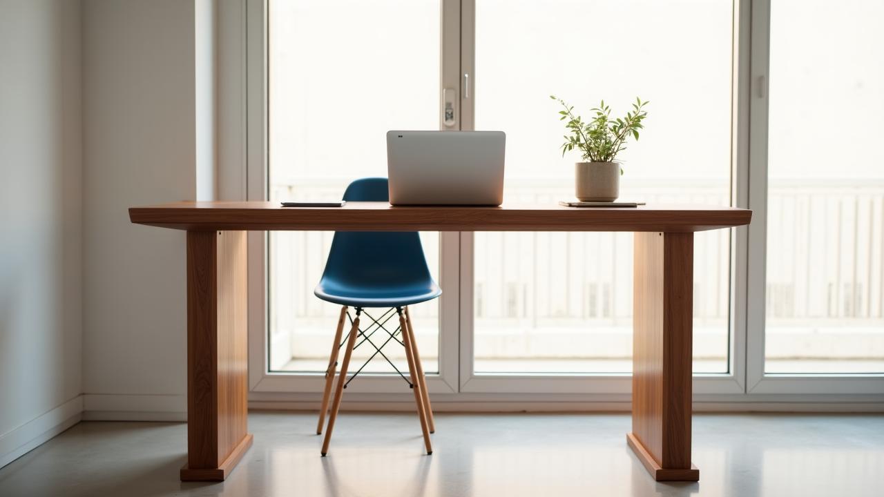 Escritorio elevable de madera artesanal en un ático de Madrid